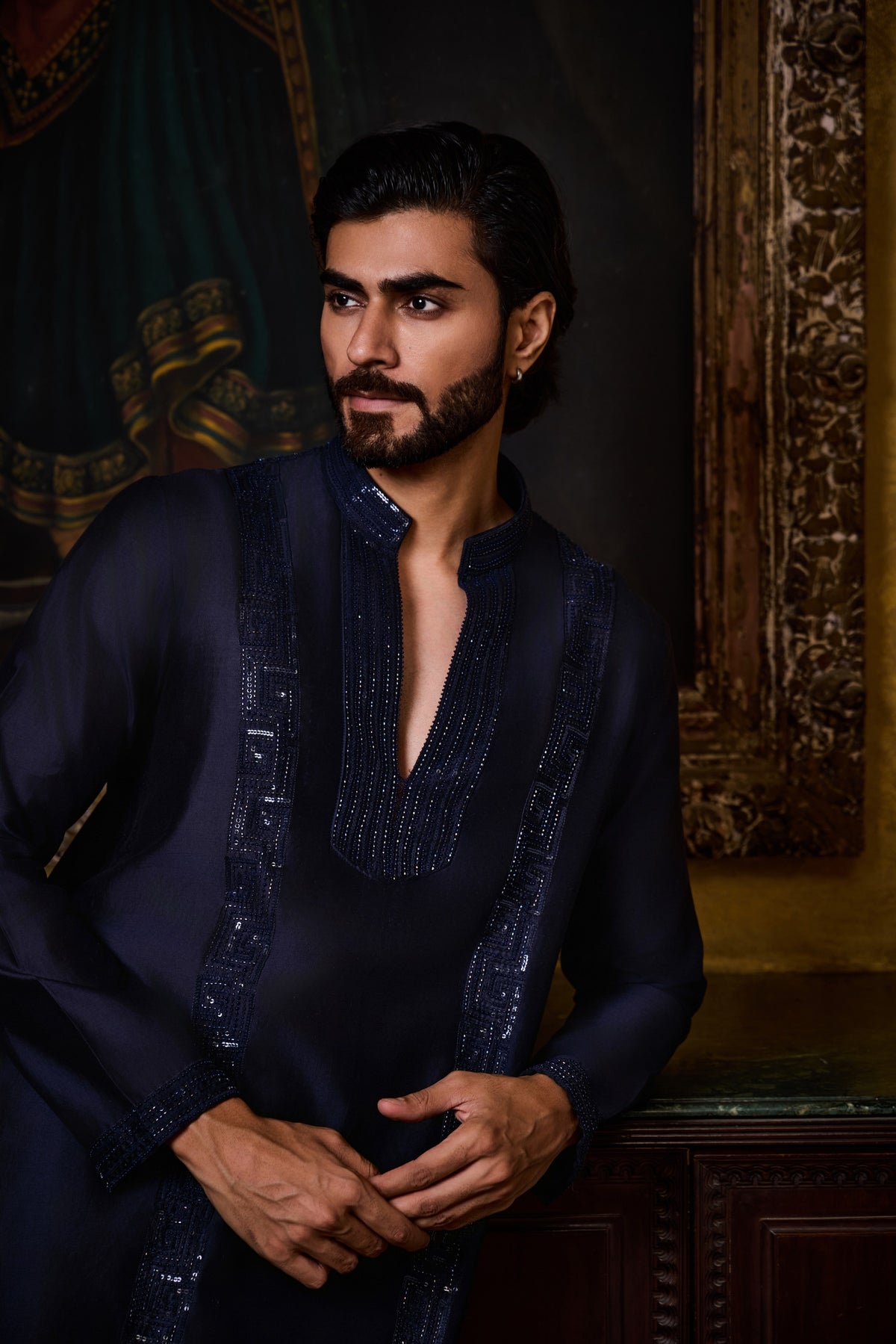 NAVY CHANDERI KURTA CHURIDAR SET