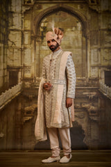 IVORY TAFFETA SILK SHERWANI BEIGE FRENCH KNOTS AND ZARDOZI WORK