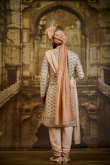 IVORY TAFFETA SILK SHERWANI BEIGE FRENCH KNOTS AND ZARDOZI WORK