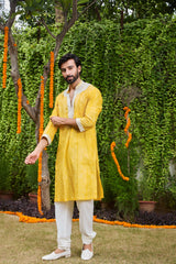 YELLOW SHIBORI SILK KURTA PATIALA SALWAR SET