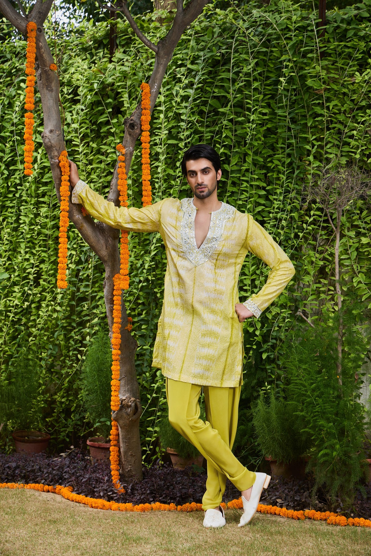 MEHENDI GREEN SHIBORI KURTA DHOTI SET