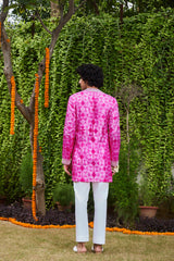 FUSCHIA SHIBORI TIE-DYE EMBROIDERY SILK KURTA TROUSER SET