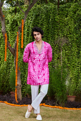 FUSCHIA SHIBORI TIE-DYE EMBROIDERY SILK KURTA TROUSER SET