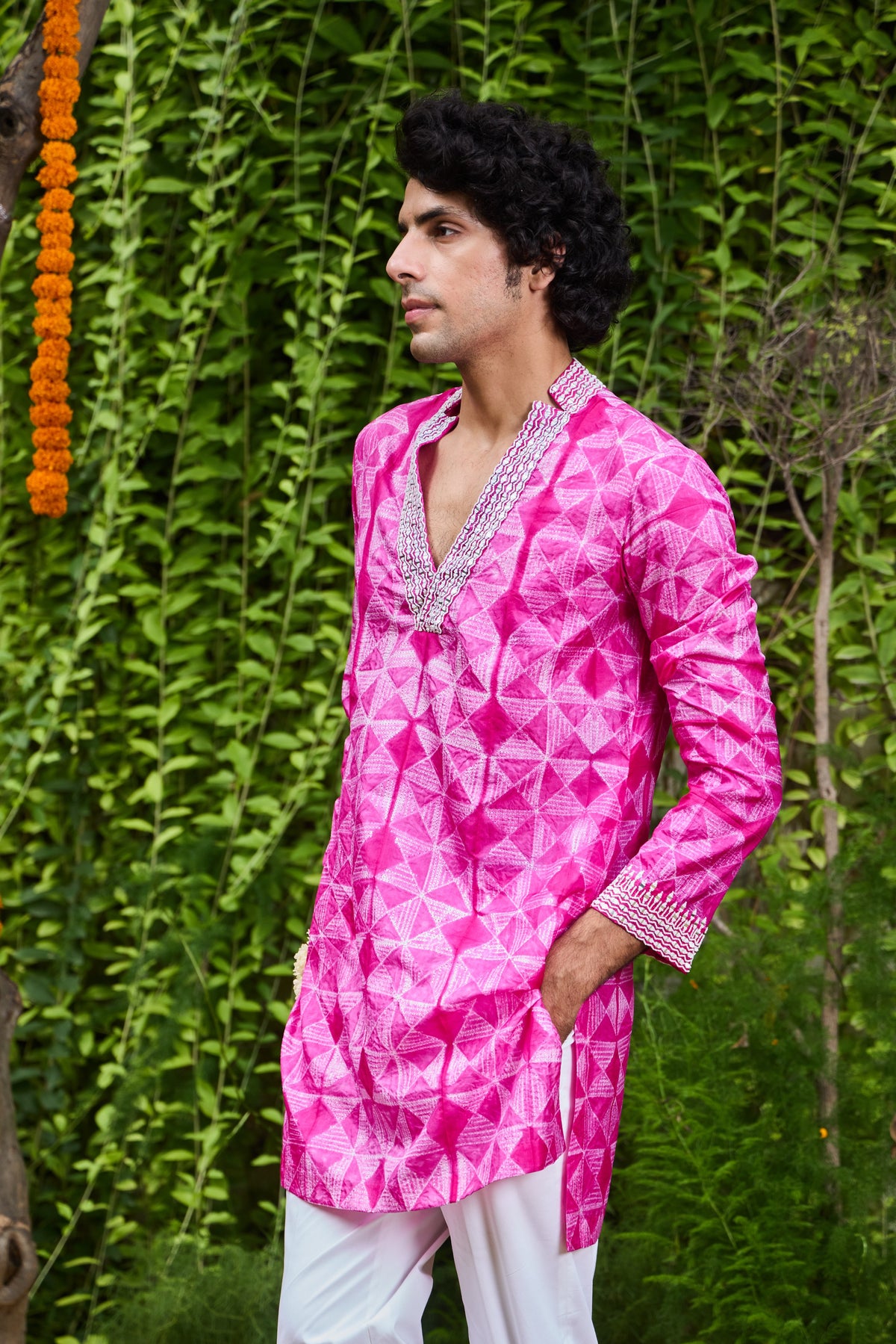FUSCHIA SHIBORI TIE-DYE EMBROIDERY SILK KURTA TROUSER SET