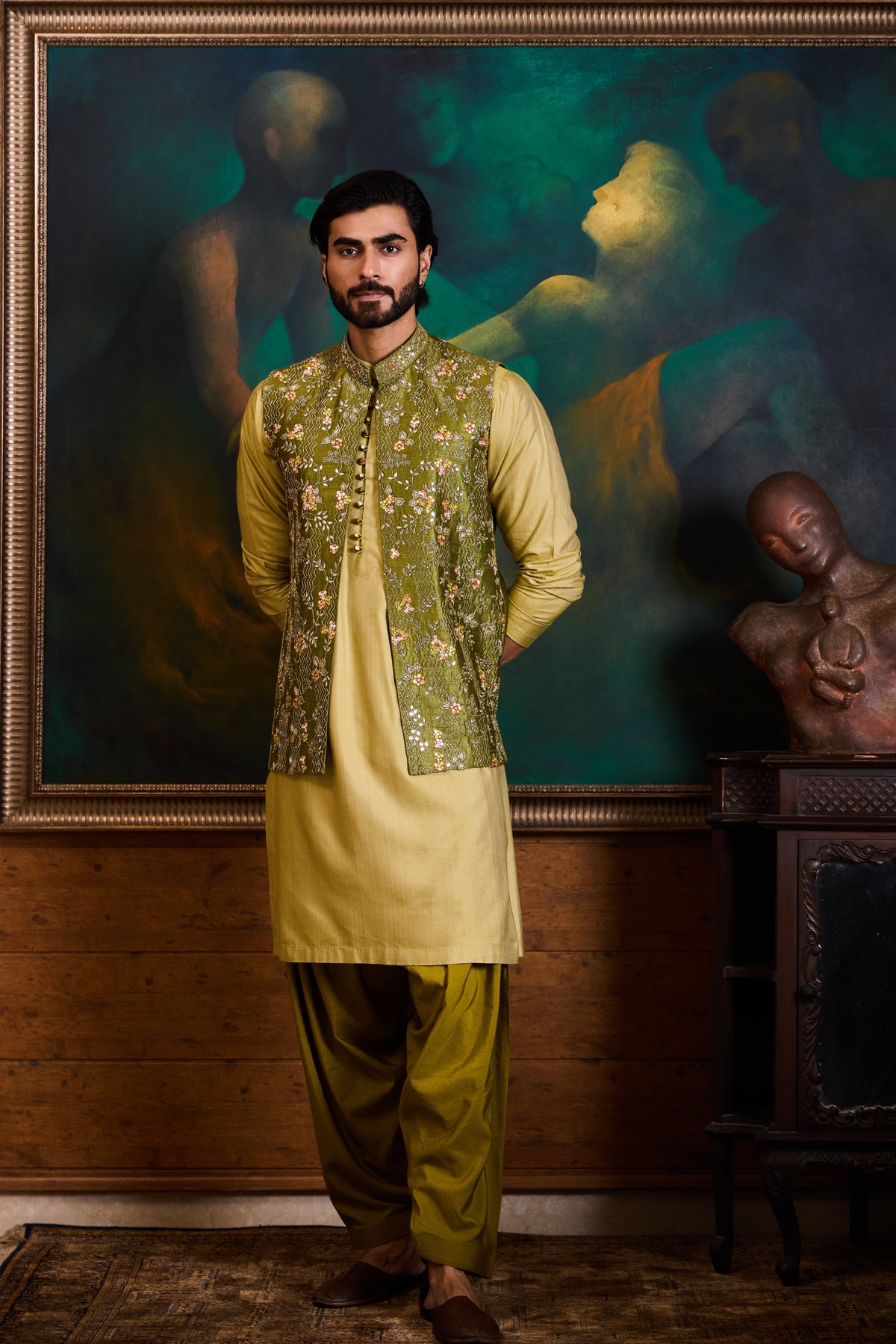 OLIVE GREEN BUNDI KURTA SET