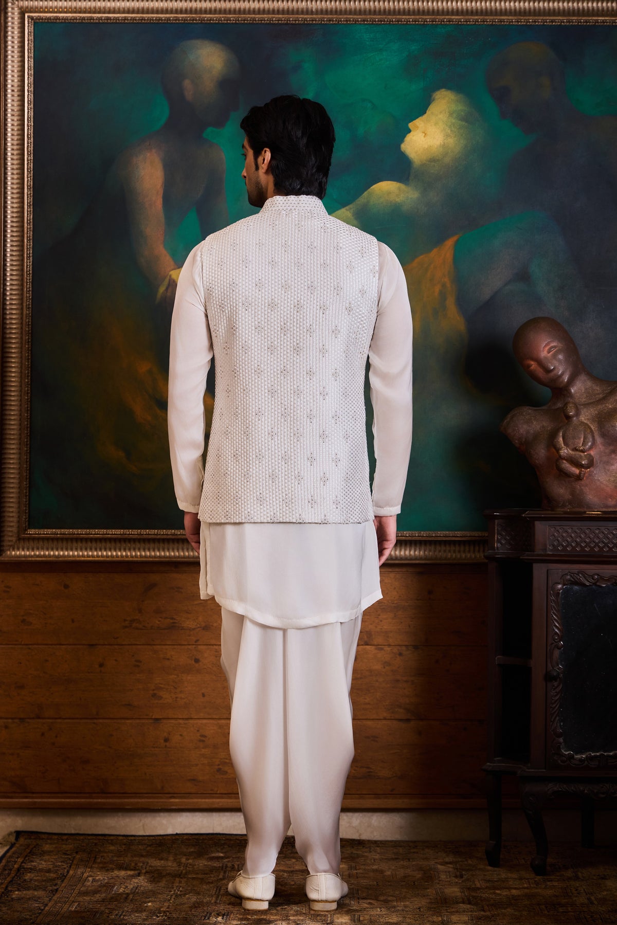 WHITE BUNDI KURTA DHOTI SET