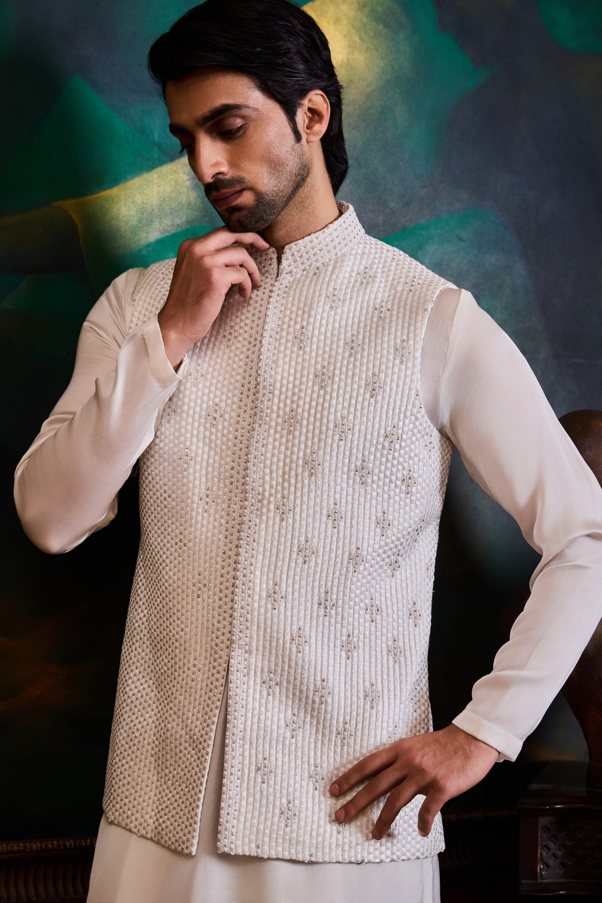 WHITE BUNDI KURTA DHOTI SET