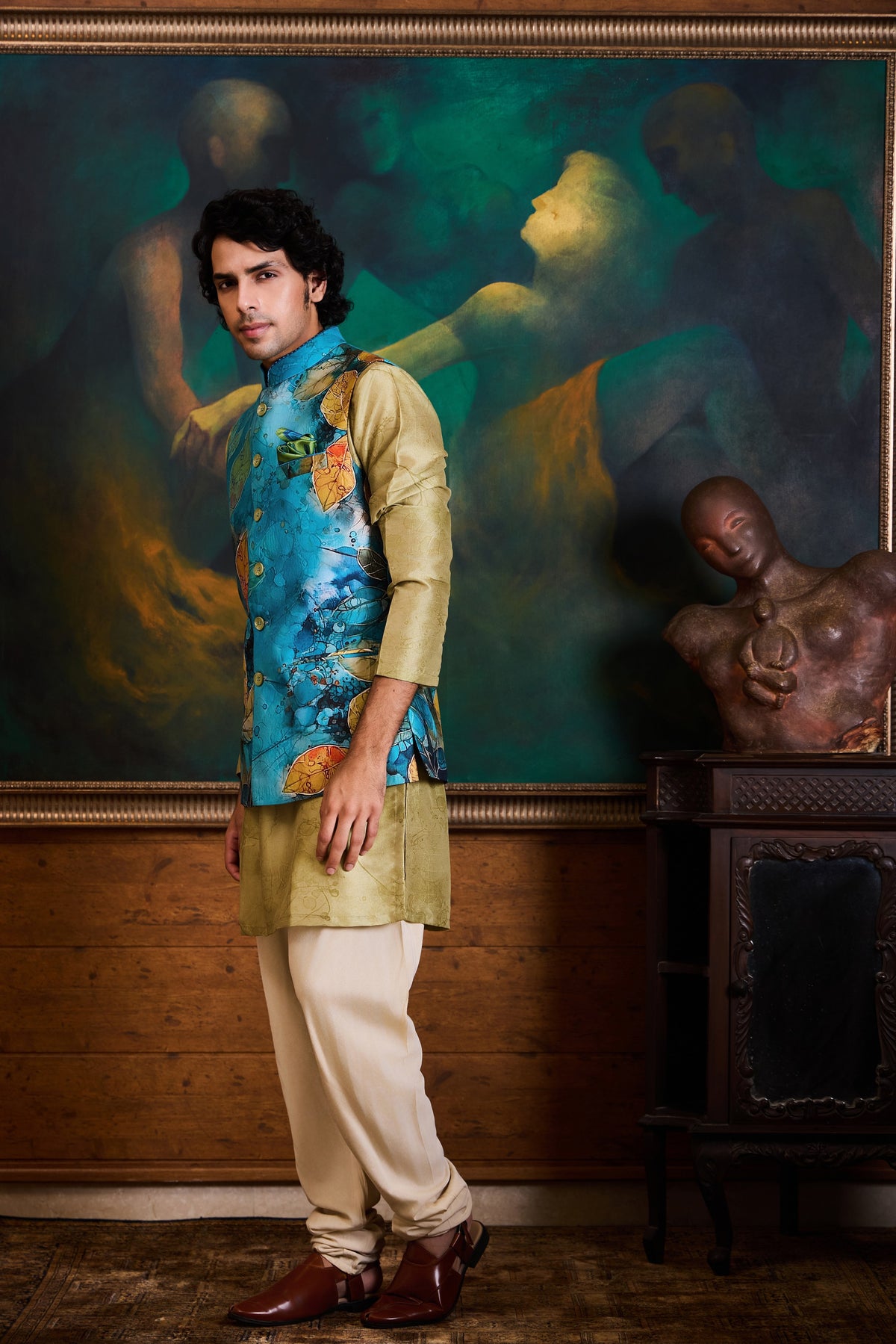 TEAL OLIVE PRINTED KURTA BUNDI SET
