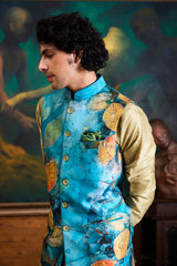 TEAL OLIVE PRINTED KURTA BUNDI SET