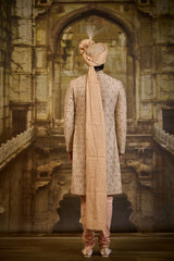PEACH TWILL TISSUE BROCADE SHERWANI SET