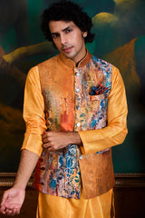 MUSTARD YELLOW PRINTED KURTA BUNDI SET