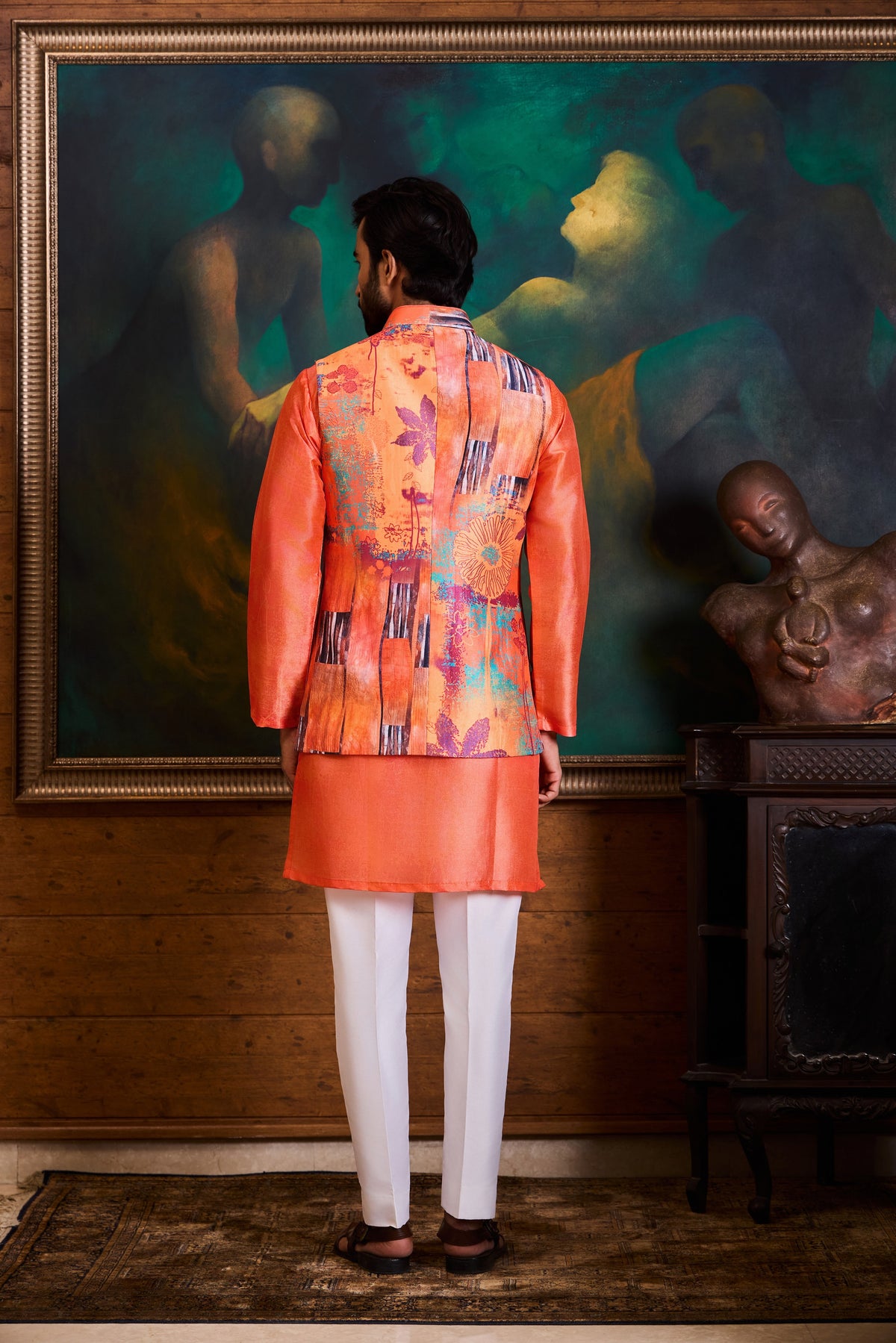 PEACH CORAL PRINTED KURTA BUNDI SET