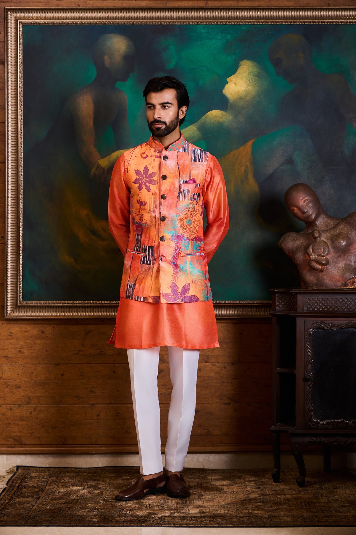PEACH CORAL PRINTED KURTA BUNDI SET