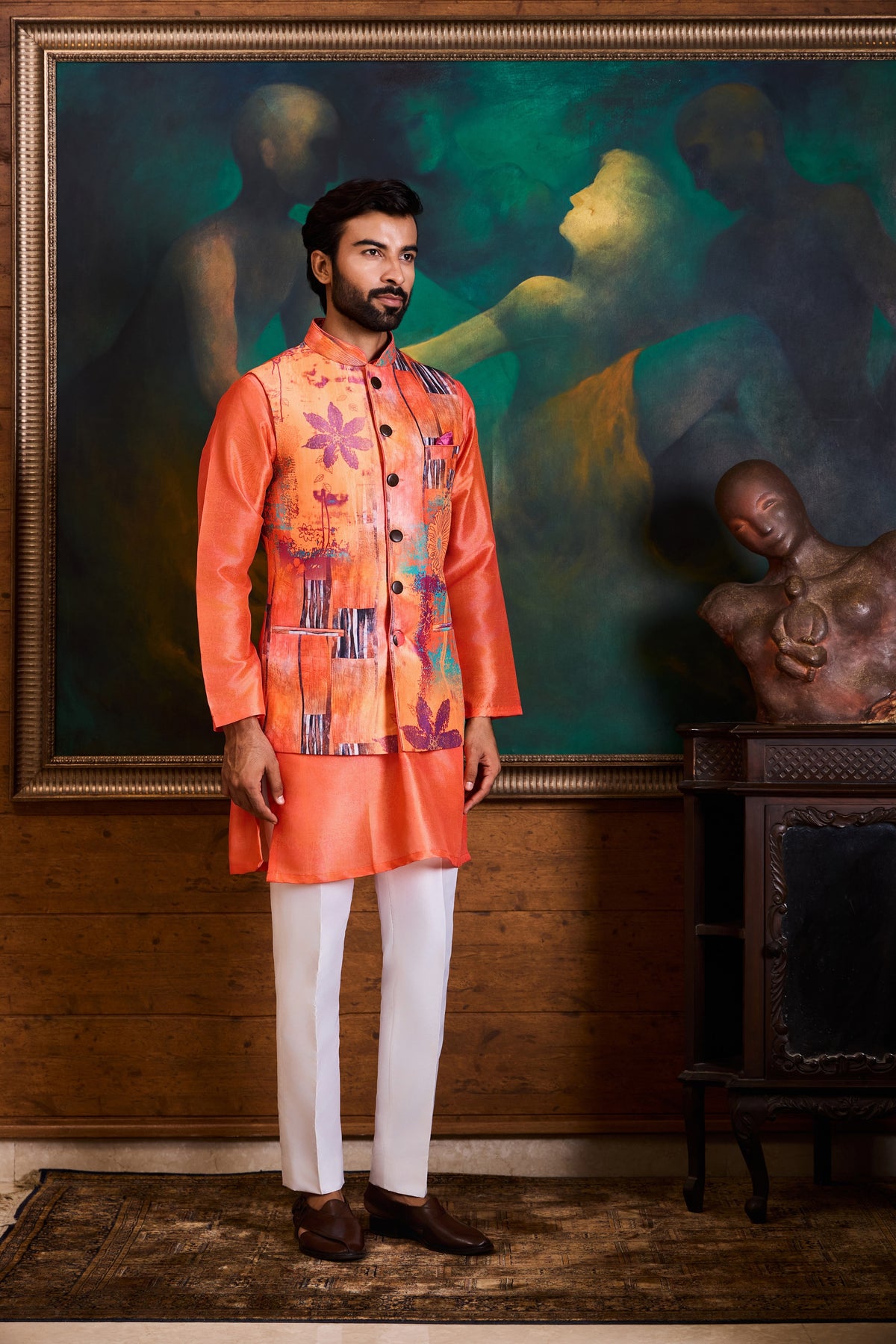 PEACH CORAL PRINTED KURTA BUNDI SET