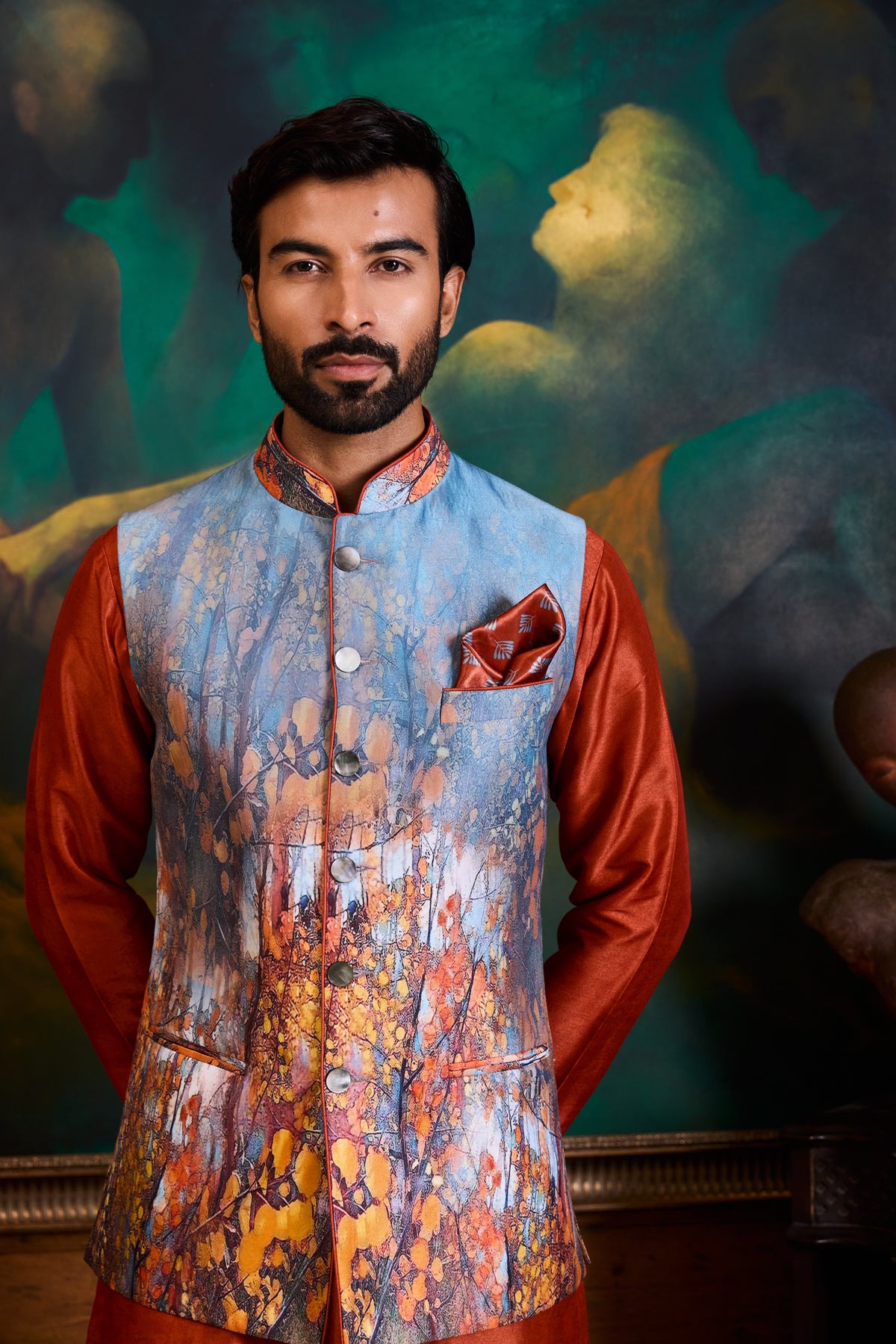 GREY RUST PRINTED KURTA BUNDI SET
