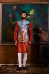 GREY RUST PRINTED KURTA BUNDI SET