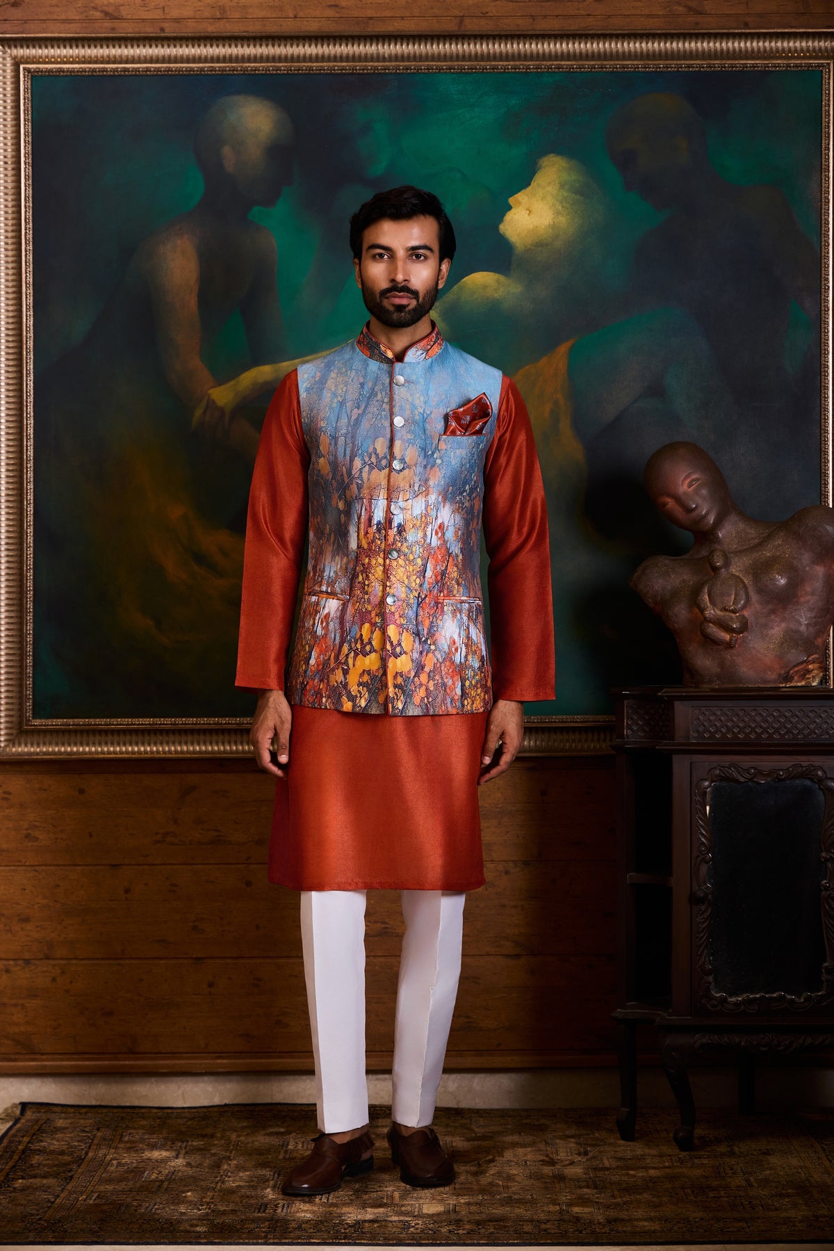 GREY RUST PRINTED KURTA BUNDI SET
