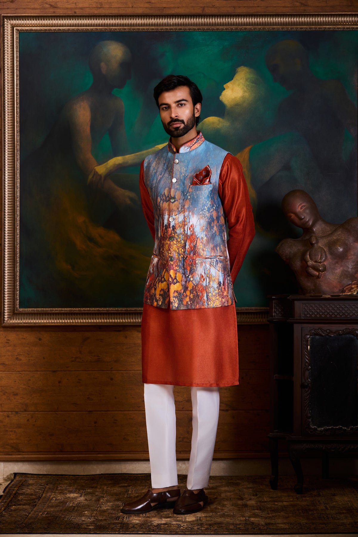 GREY RUST PRINTED KURTA BUNDI SET
