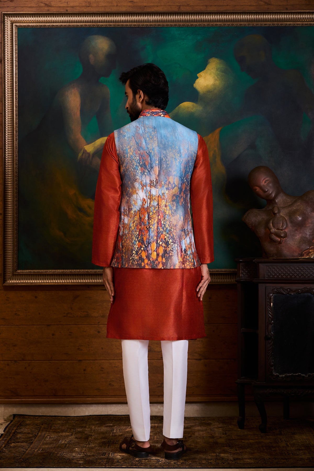 GREY RUST PRINTED KURTA BUNDI SET