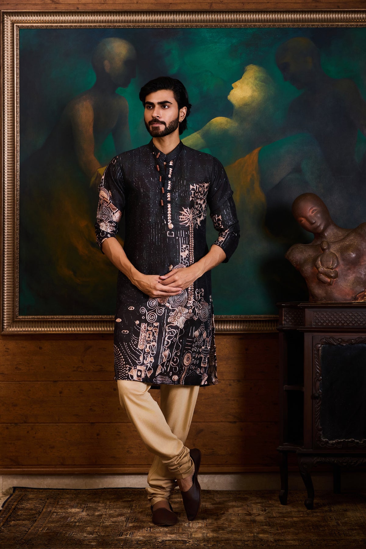 BLACK PRINTED KURTA CHURIDAR SET