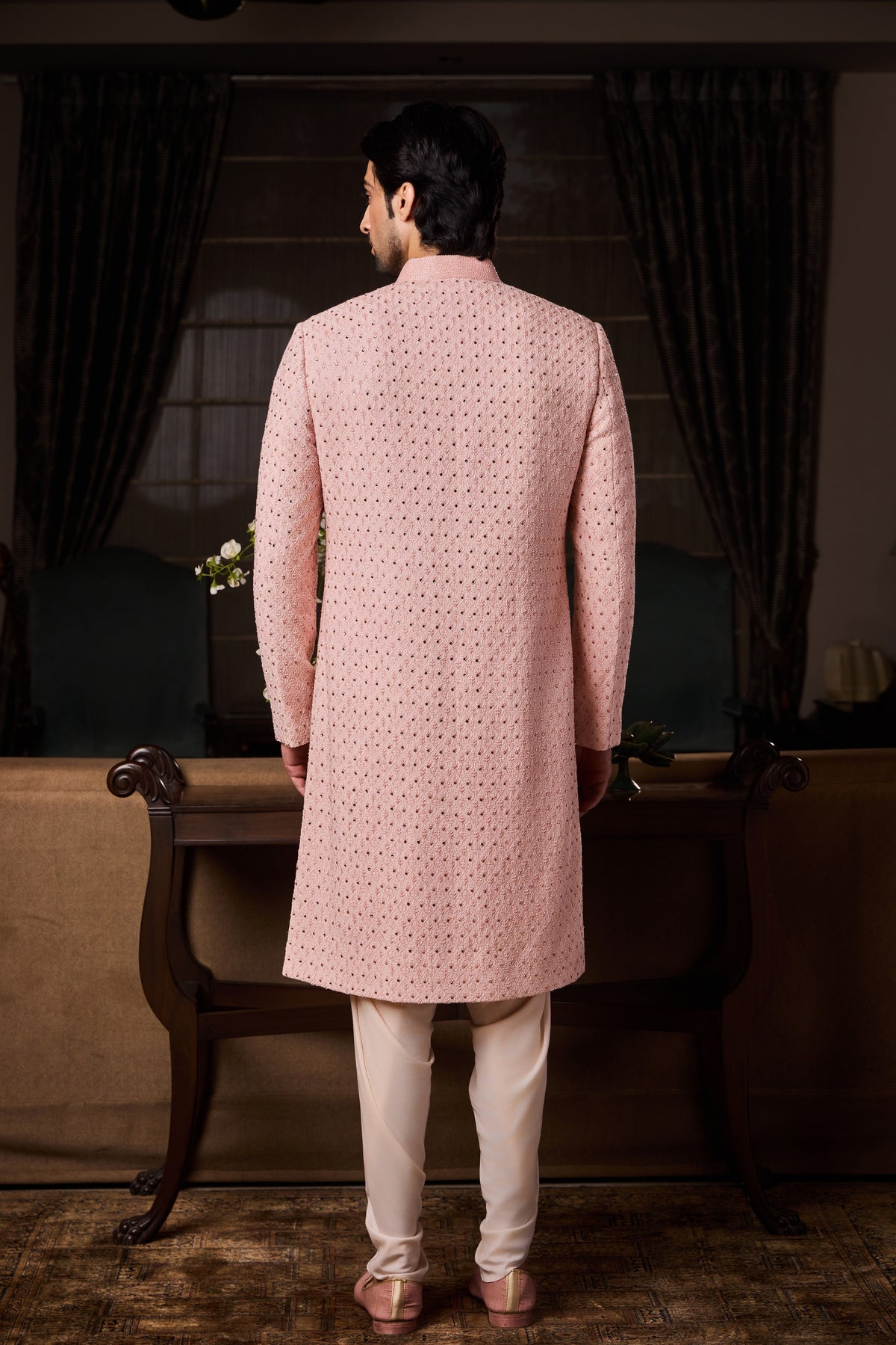 PEACH SHERWANI KURTA DHOTI SET