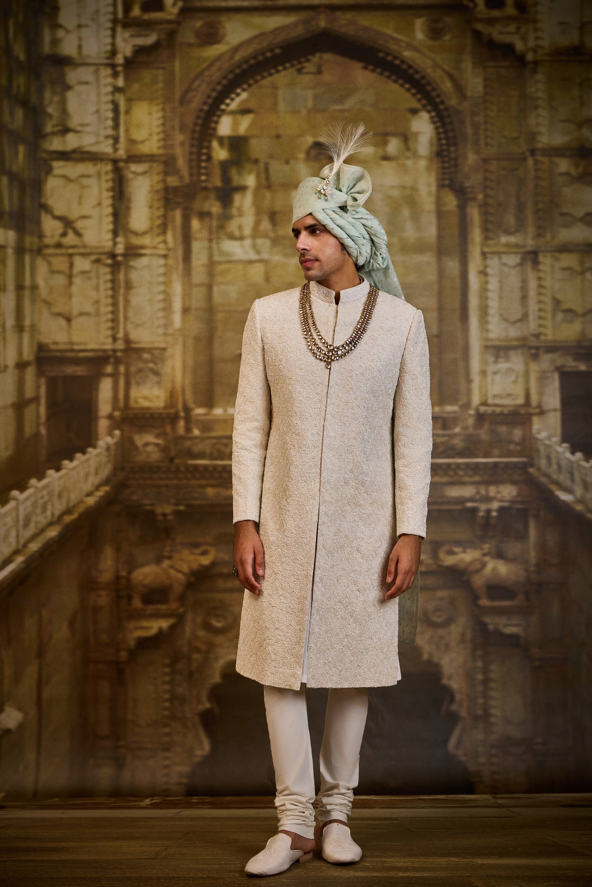 IVORY SELF EMBROIDERED SHERWANI SET