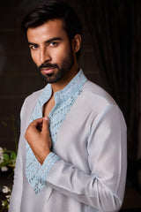 POWDER BLUE CHANDERI KURTA BEADWORK SET