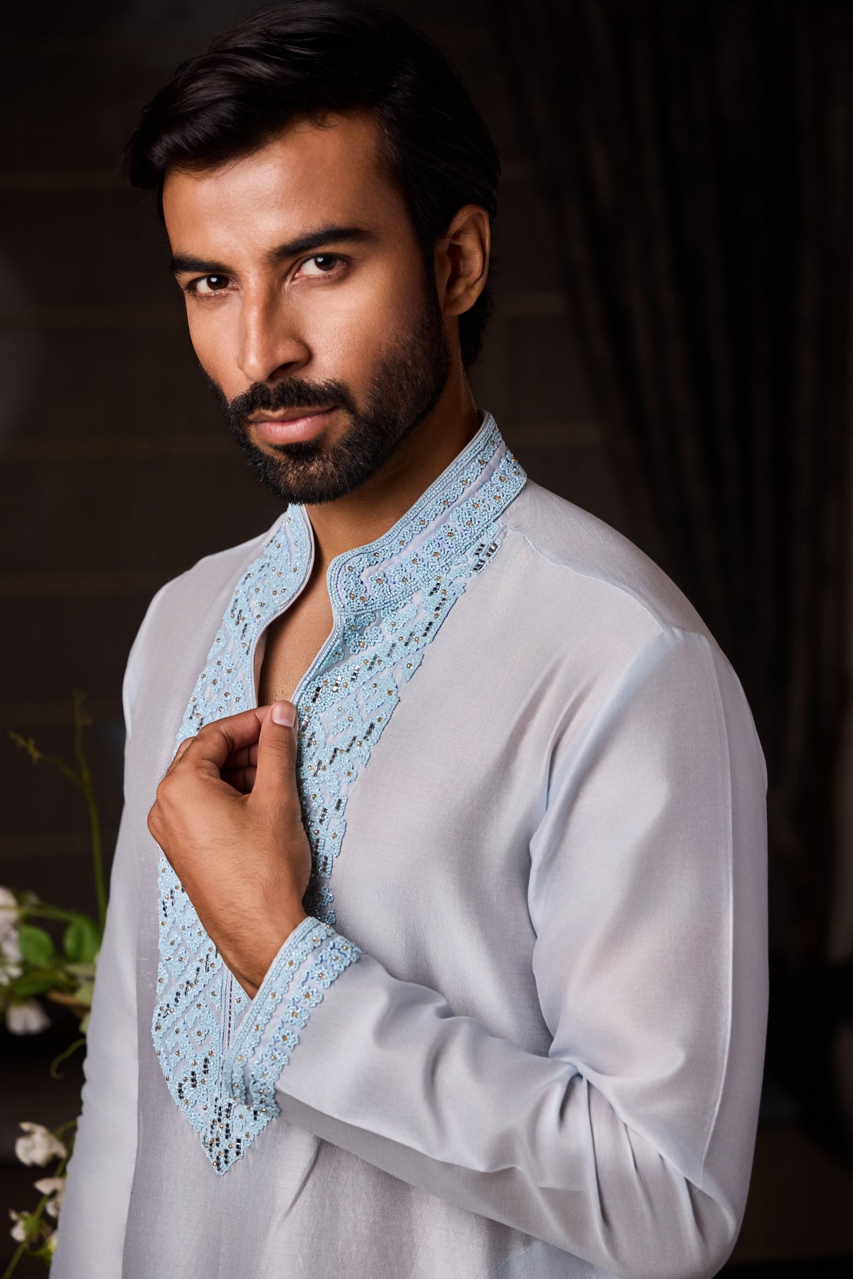 POWDER BLUE CHANDERI KURTA BEADWORK SET