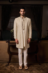 BEIGE GEOMETRIC EMBROIDERY SHERWANI JACKET WITH SALWAR SET