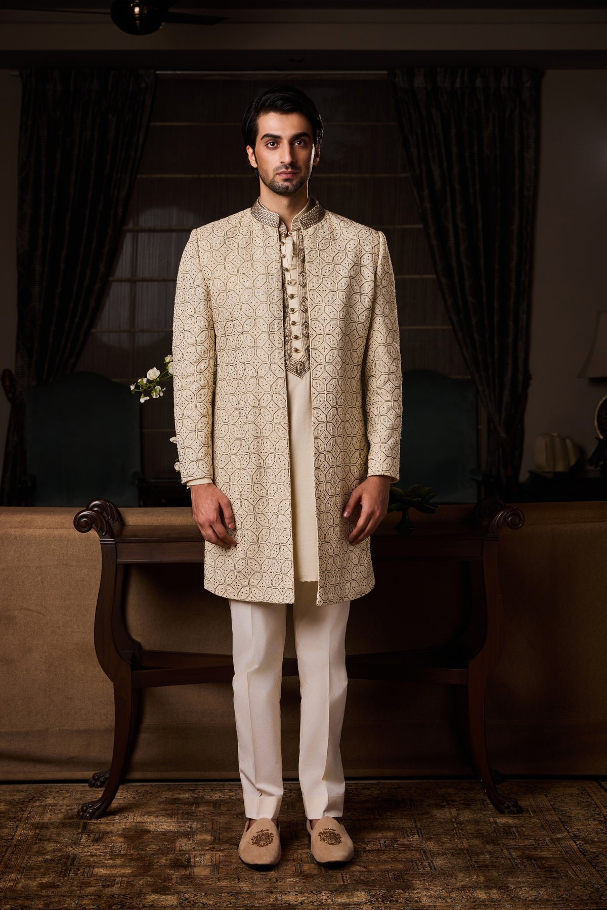 BEIGE GEOMETRIC EMBROIDERY SHERWANI JACKET WITH SALWAR SET