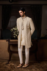 BEIGE GEOMETRIC EMBROIDERY SHERWANI JACKET WITH SALWAR SET