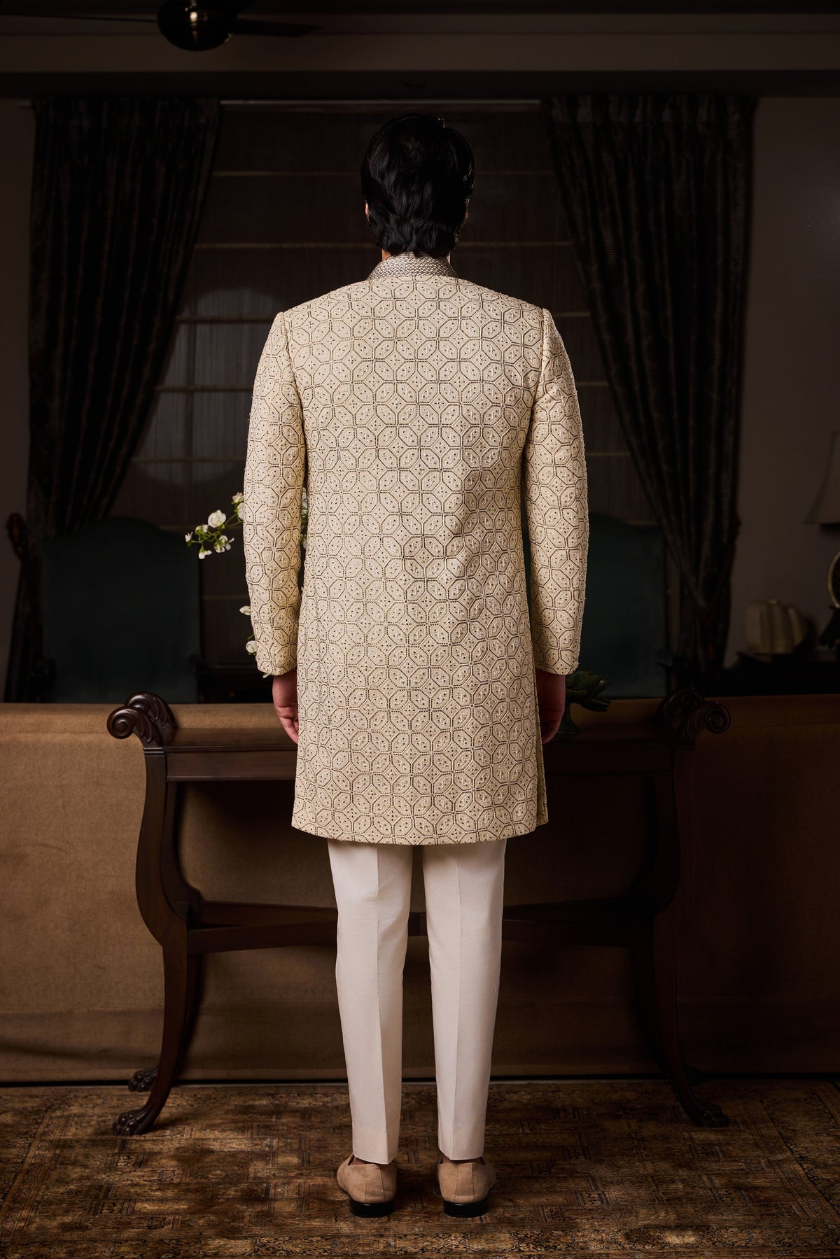 BEIGE GEOMETRIC EMBROIDERY SHERWANI JACKET WITH SALWAR SET