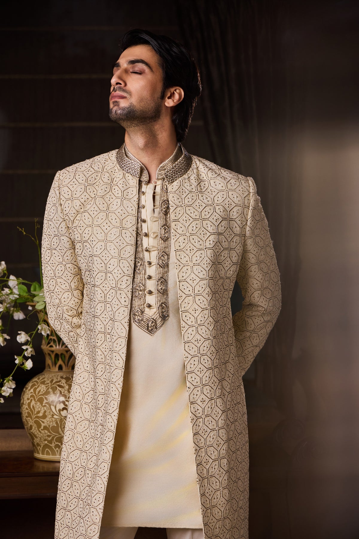 BEIGE GEOMETRIC EMBROIDERY SHERWANI JACKET WITH SALWAR SET