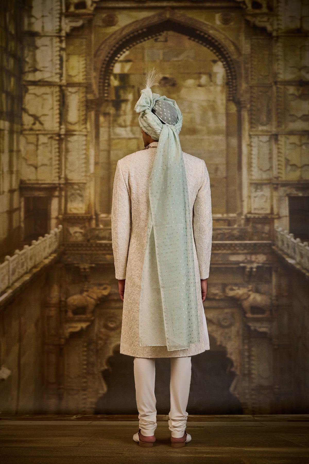 IVORY SELF EMBROIDERED SHERWANI SET
