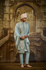 AQUA BROCADE SHERWANI DORI WORK