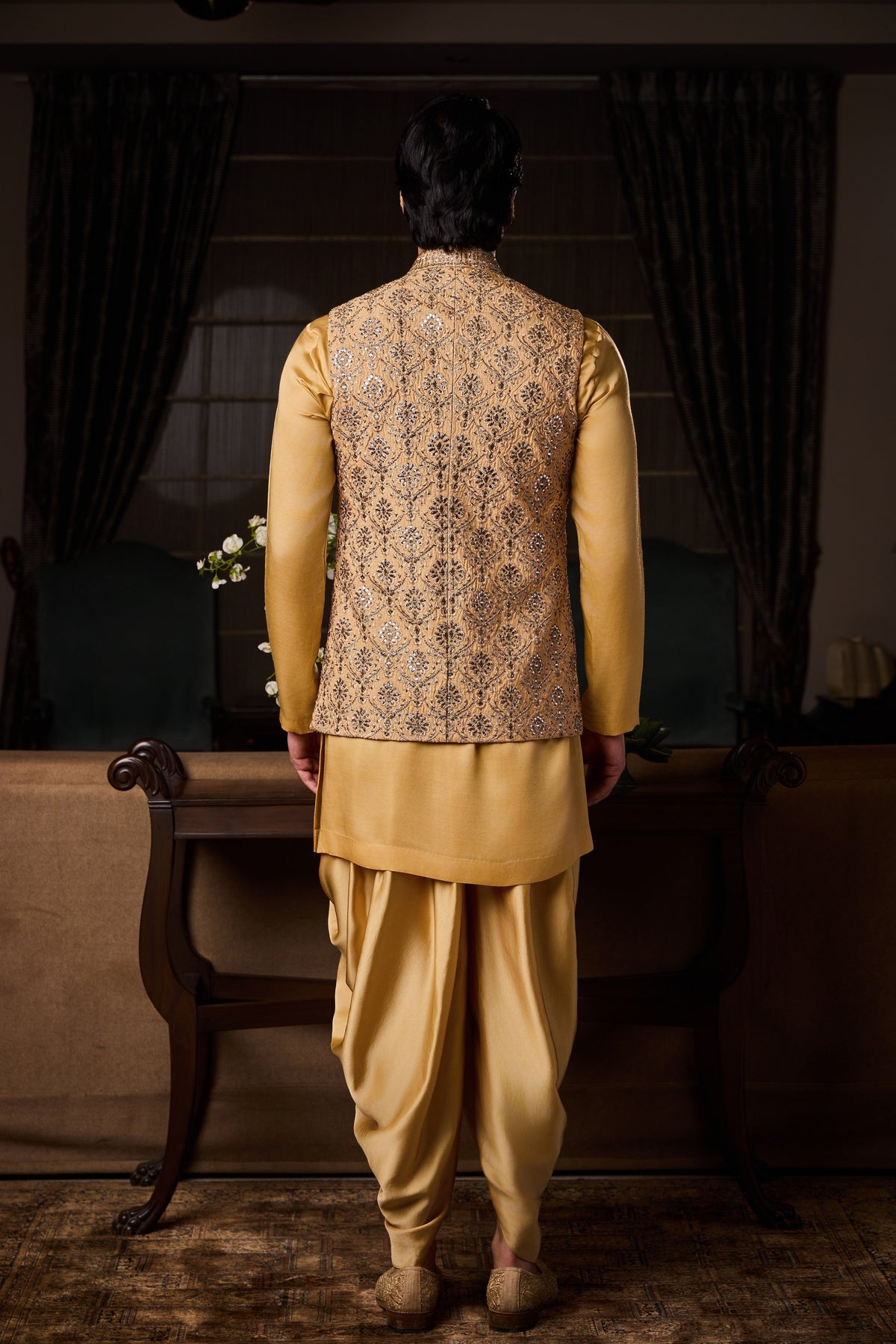 GOLD BUNDI JACKET BEIGE KURTA CHURIDAR SET