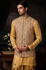 GOLD BUNDI JACKET BEIGE KURTA CHURIDAR SET