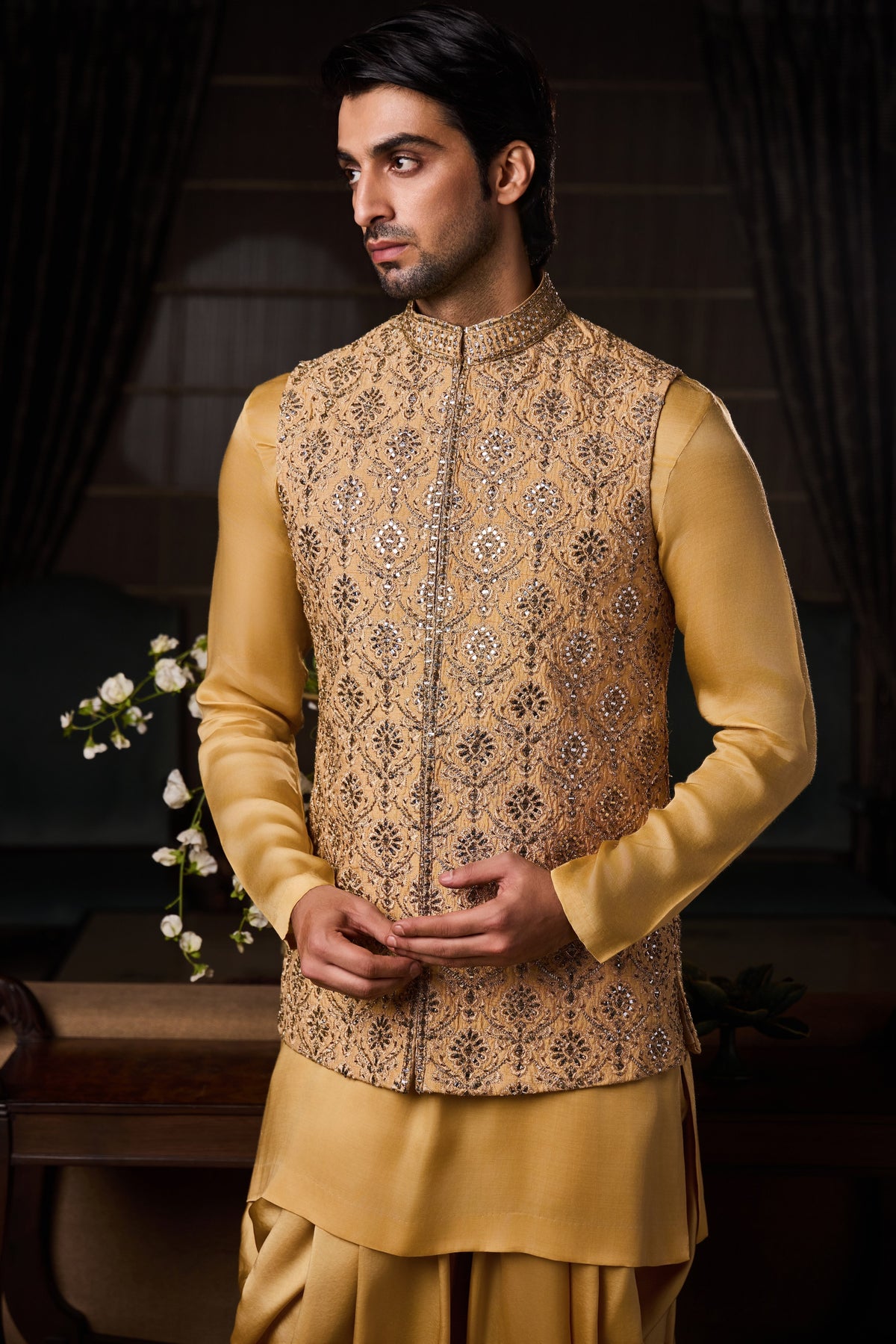 GOLD BUNDI JACKET BEIGE KURTA CHURIDAR SET