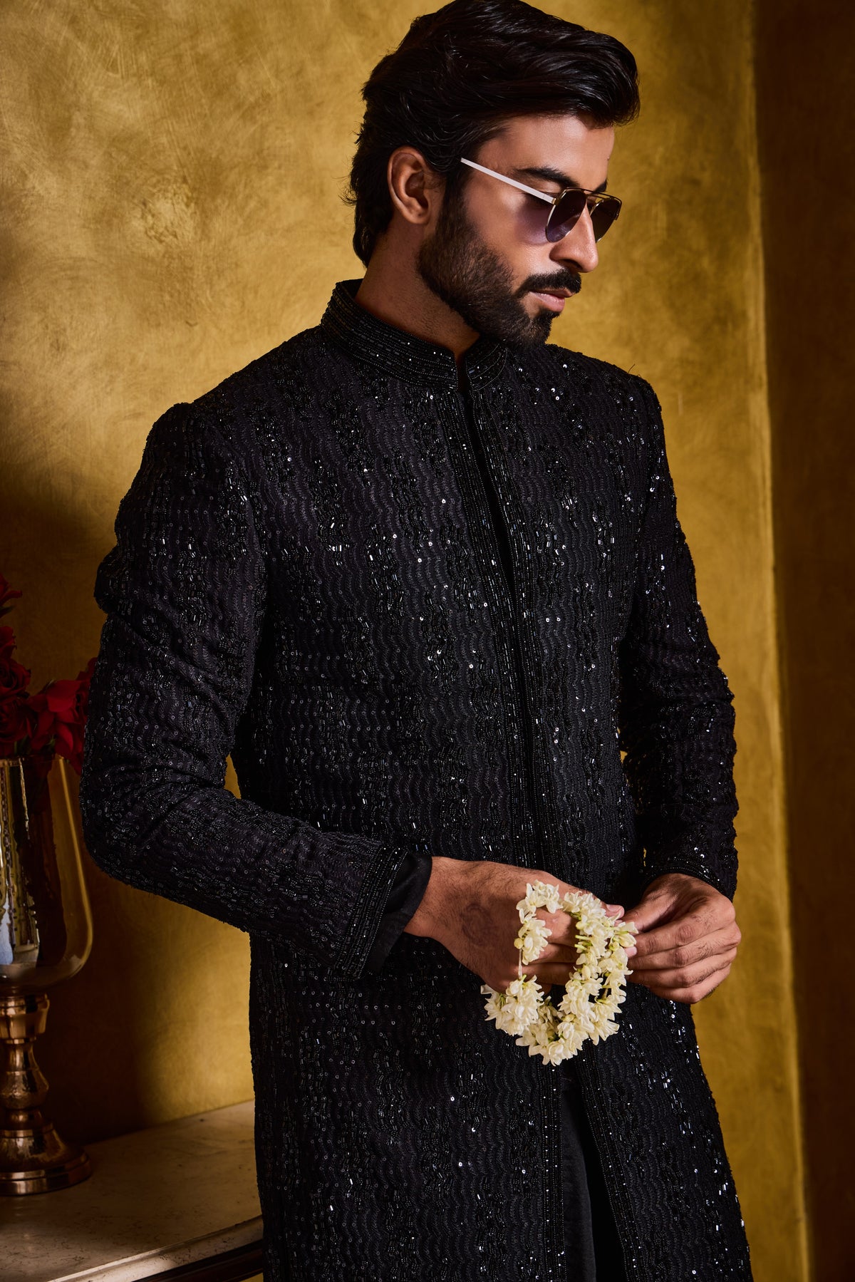 BLACK EMBROIDERED SHERWANI WITH KURTA AND PANT SET