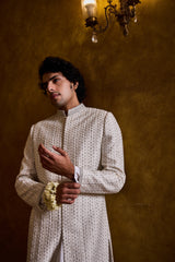 IVORY SHERWANI WITH SILVER EMBROIDERY SET