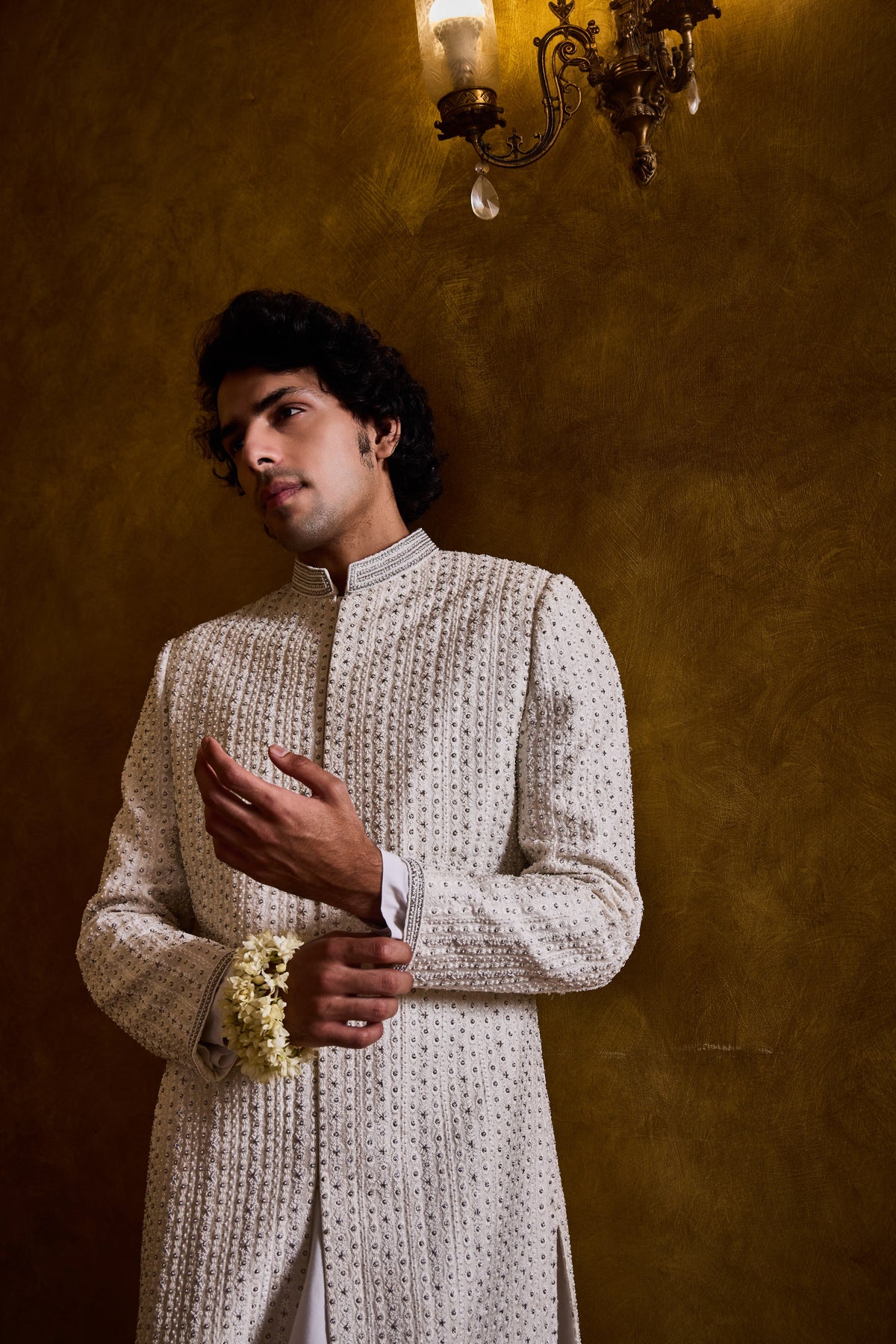 IVORY SHERWANI WITH SILVER EMBROIDERY SET