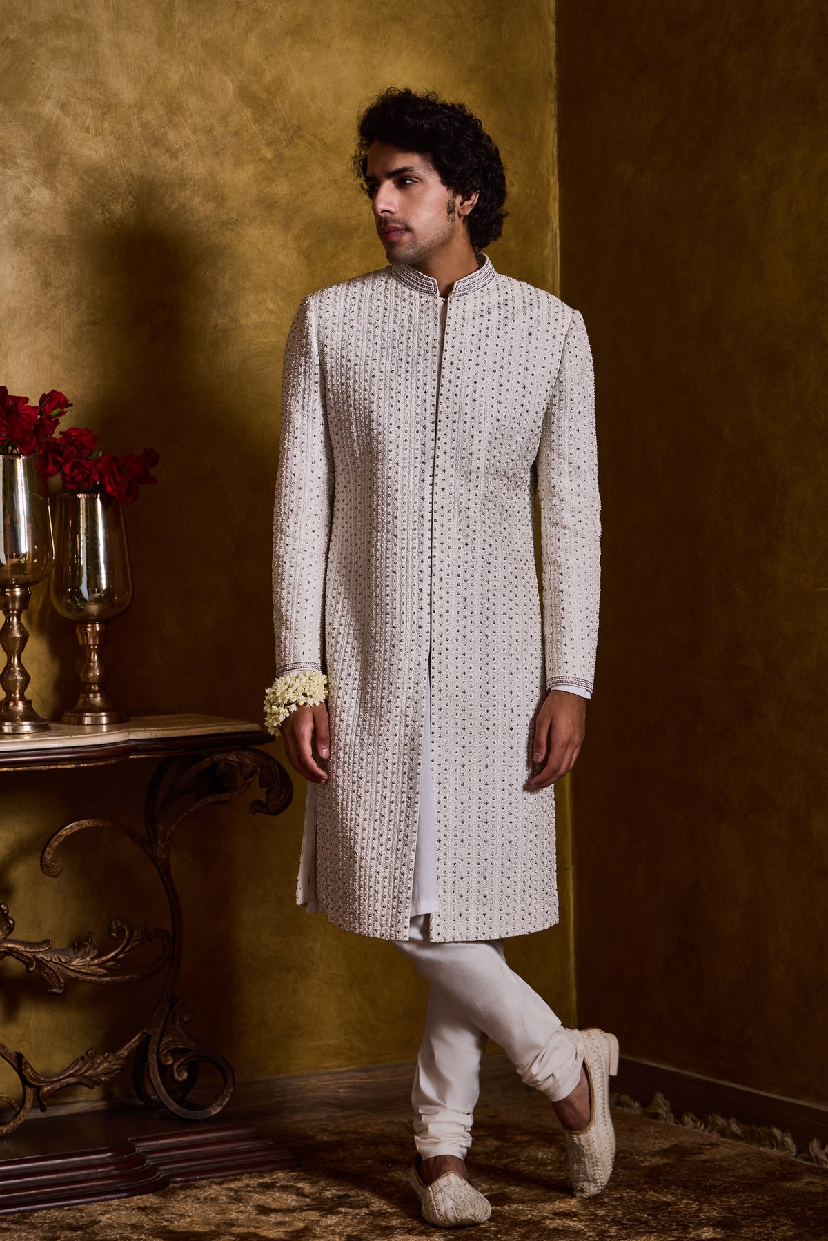 IVORY SHERWANI WITH SILVER EMBROIDERY SET