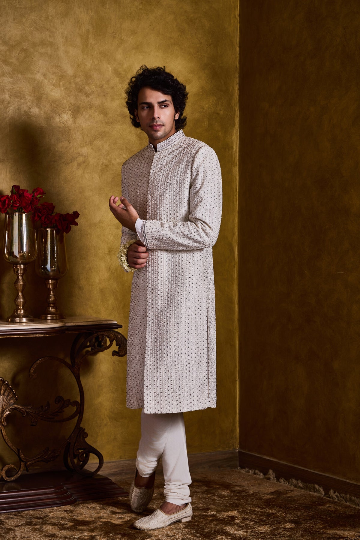 IVORY SHERWANI WITH SILVER EMBROIDERY SET