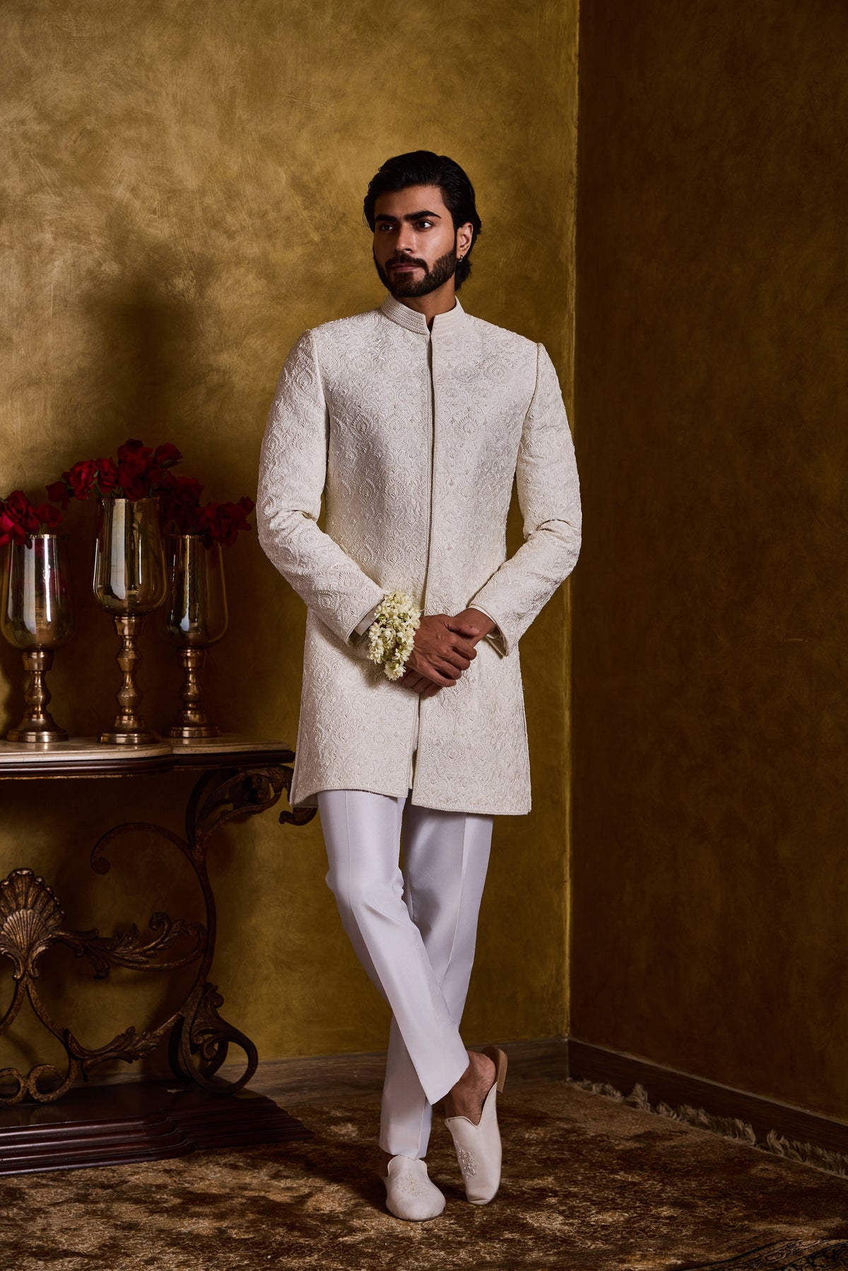 IVORY RAW SILK SHERWANI SHORT SELF EMBROIDERY SET