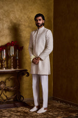 IVORY RAW SILK SHERWANI SHORT SELF EMBROIDERY SET