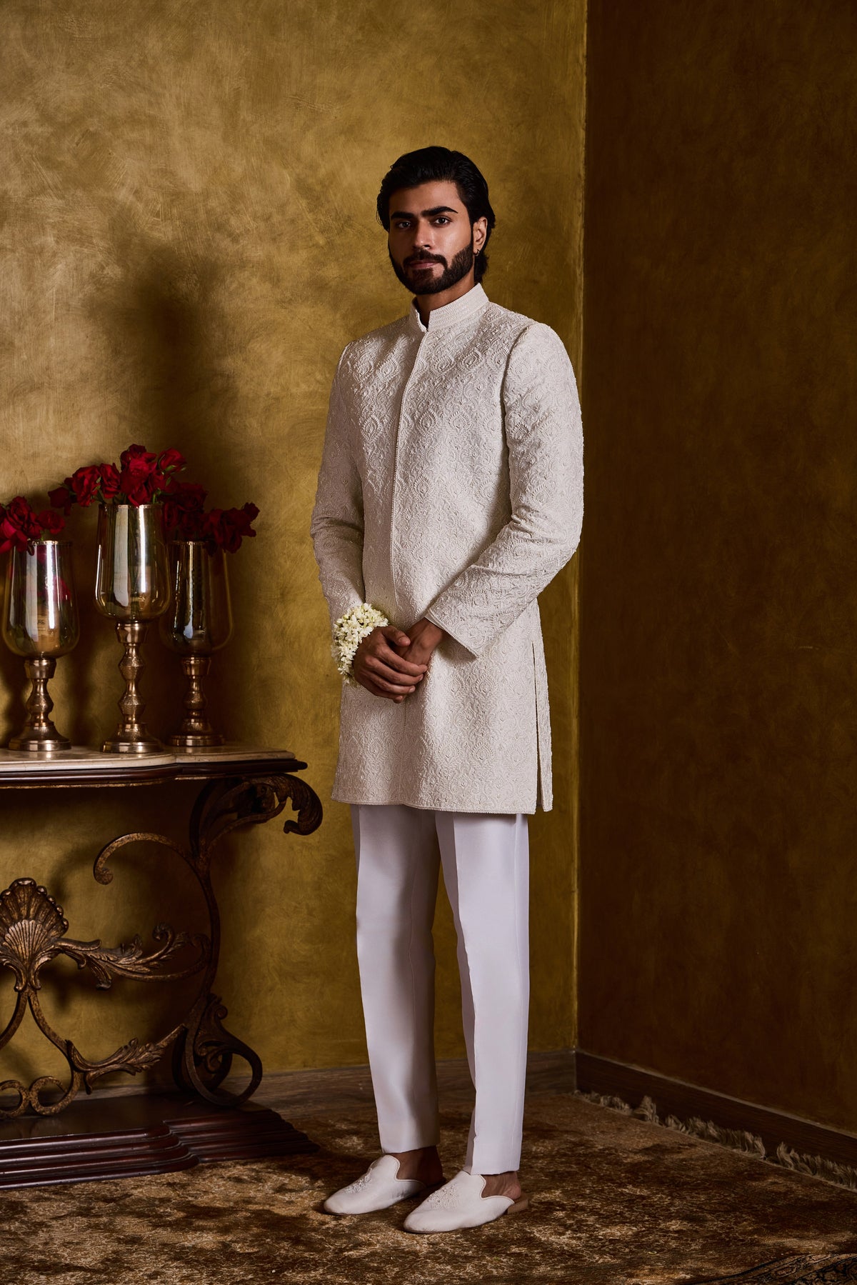 IVORY RAW SILK SHERWANI SHORT SELF EMBROIDERY SET