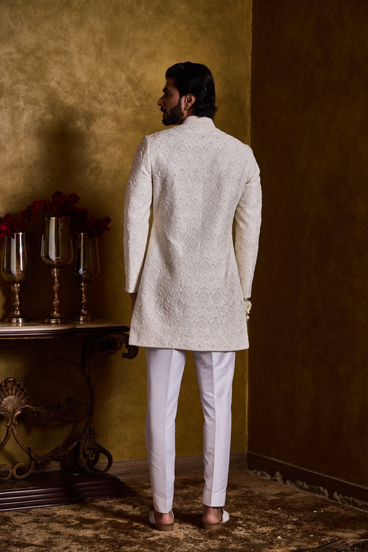 IVORY RAW SILK SHERWANI SHORT SELF EMBROIDERY SET