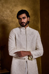 IVORY RAW SILK SHERWANI SHORT SELF EMBROIDERY SET