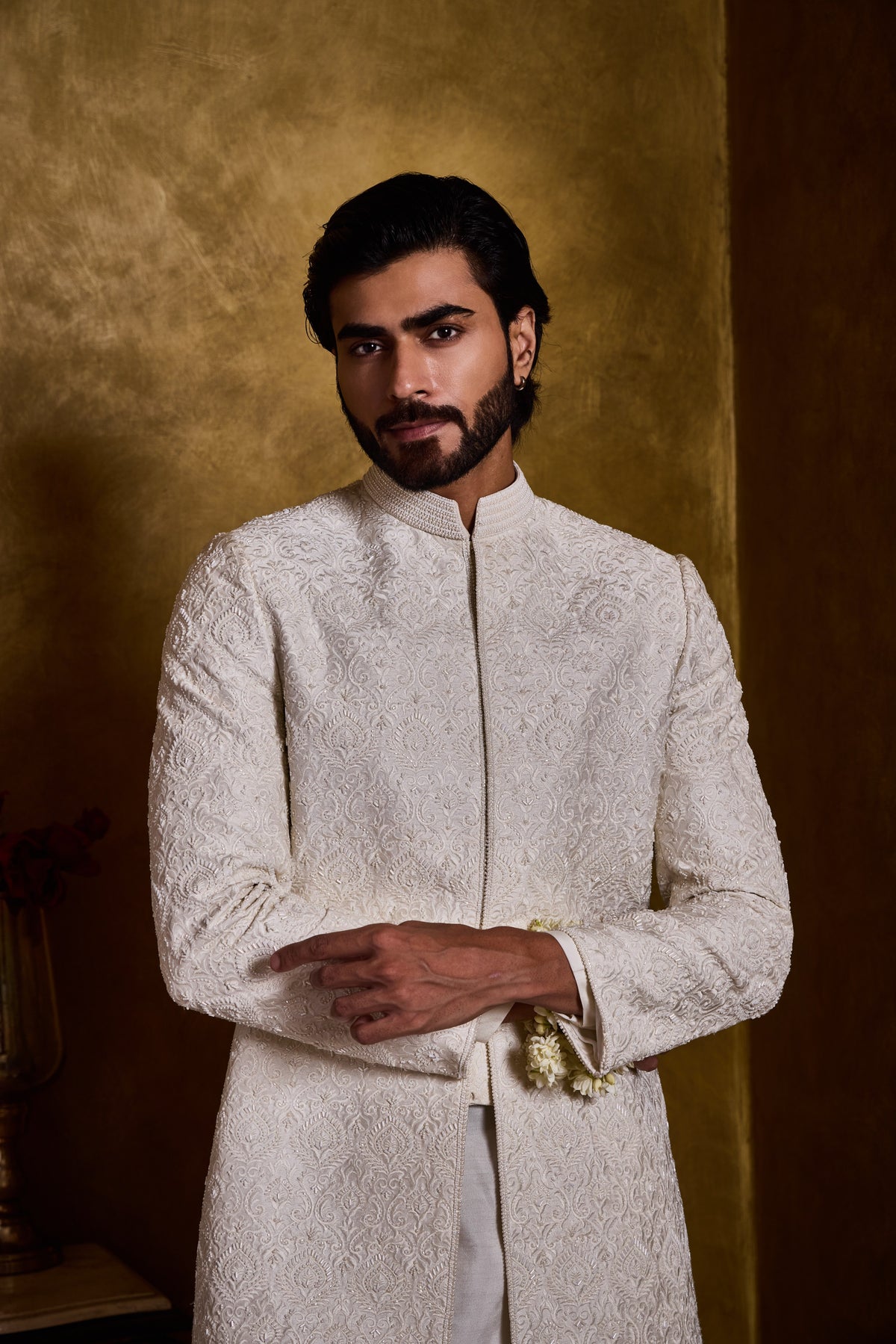 IVORY RAW SILK SHERWANI SHORT SELF EMBROIDERY SET