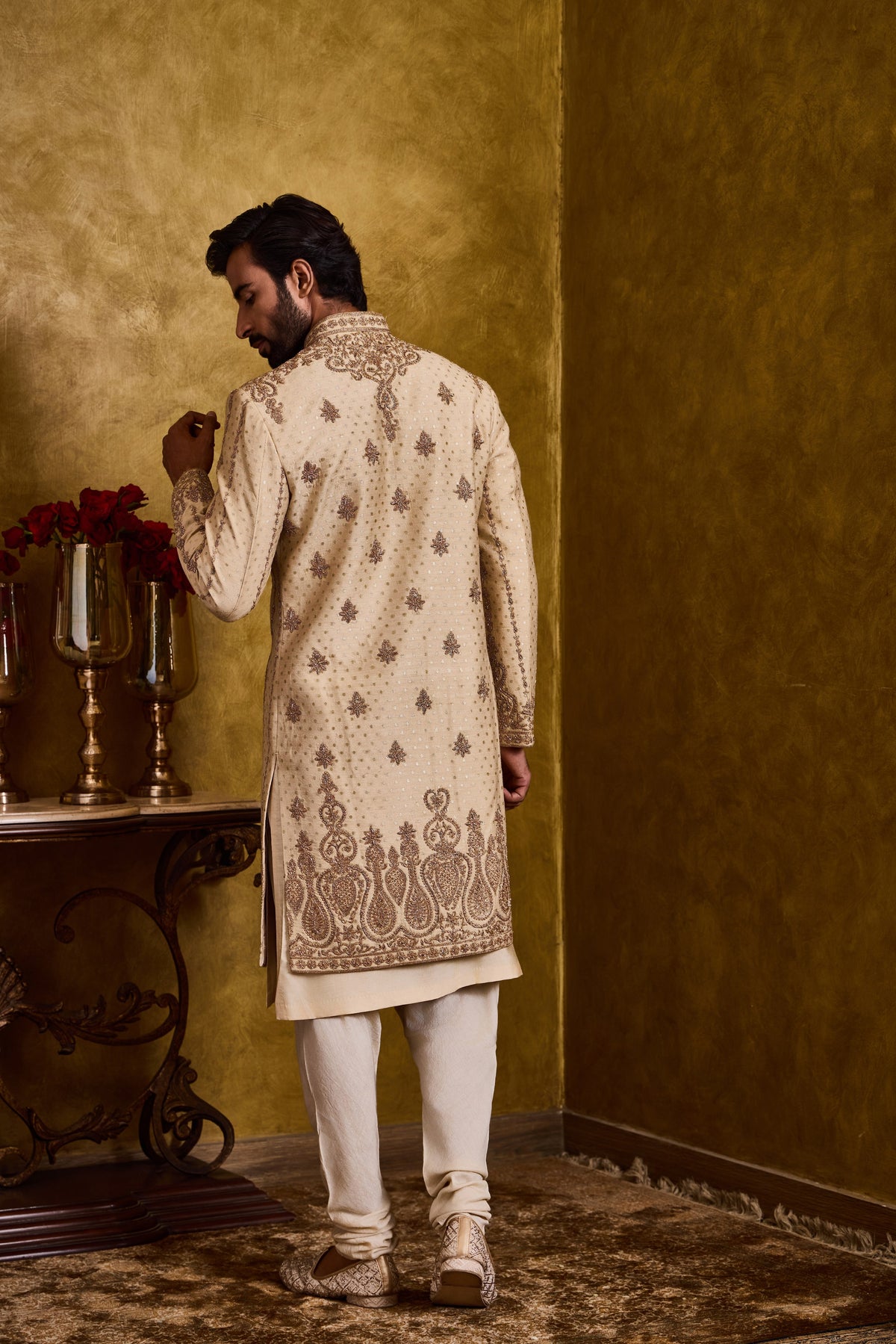 BEIGE MONGA BOOTI SHERWANI SET